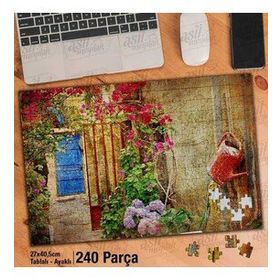 Asil Hobi Retro-Mavi Kapı-Renkli Çiçekler Yapboz-Ayak Destekli Çerçeveli 240 Parça Puzzle