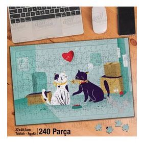 Asil Hobi Romantik Kediler-Kalp-Balık Yapboz-Ayak Destekli Çerçeveli 240 Parça Puzzle