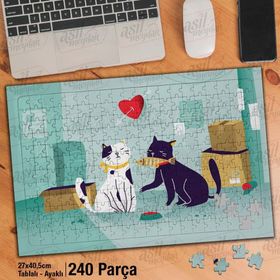 Asil Hobi Romantik Kediler-Kalp-Balık Yapboz-Ayak Destekli Çerçeveli 240 Parça Puzzle