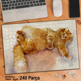 Asil Hobi Sarı Tüylü Kedi-Ressam-Çizim-Hayvan Yapboz-Ayak Destekli Çerçeveli 240 Parça Puzzle
