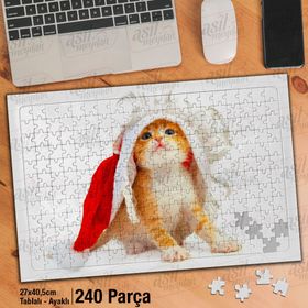 Asil Hobi Sarı Tüylü Yavru Kedi-Kırmızı Şapka Yapboz-Ayak Destekli Çerçeveli 240 Parça Puzzle