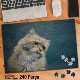Asil Hobi Sarı Tüylü Yeşil Gözlü Kedi-Hayvan Yapboz-Ayak Destekli Çerçeveli 240 Parça Puzzle
