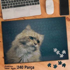 Asil Hobi Sarı Tüylü Yeşil Gözlü Kedi-Hayvan Yapboz-Ayak Destekli Çerçeveli 240 Parça Puzzle