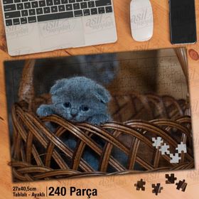 Asil Hobi Sepet-Gri Yavru Kedi-Sevimli Hayvan Yapboz-Ayak Destekli Çerçeveli 240 Parça Puzzle