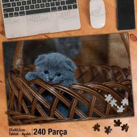 Asil Hobi Sepet-Gri Yavru Kedi-Sevimli Hayvan Yapboz-Ayak Destekli Çerçeveli 240 Parça Puzzle