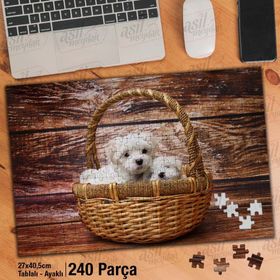 Asil Hobi Sepette Malta Yavruları-Beyaz Evcil Köpek Yapboz-Ayak Destekli Çerçeveli 240 Parça Puzzle