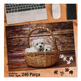Asil Hobi Sepette Malta Yavruları-Beyaz Evcil Köpek Yapboz-Ayak Destekli Çerçeveli 240 Parça Puzzle