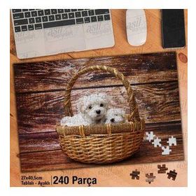 Asil Hobi Sepette Malta Yavruları-Beyaz Evcil Köpek Yapboz-Ayak Destekli Çerçeveli 240 Parça Puzzle