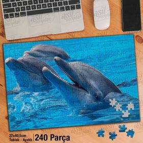 Asil Hobi Sevimli Mutlu Yunus Balıkları-Hayvan Yapboz-Ayak Destekli Çerçeveli 240 Parça Puzzle