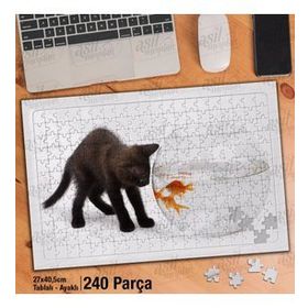Asil Hobi Sevimli Siyah Yavru Kedi-Süs Balığı-Hayvan Yapboz-Ayak Destekli Çerçeveli 240 Parça Puzzle