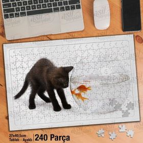 Asil Hobi Sevimli Siyah Yavru Kedi-Süs Balığı-Hayvan Yapboz-Ayak Destekli Çerçeveli 240 Parça Puzzle