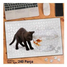 Asil Hobi Sevimli Siyah Yavru Kedi-Süs Balığı-Hayvan Yapboz-Ayak Destekli Çerçeveli 240 Parça Puzzle