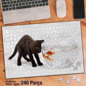 Asil Hobi Sevimli Siyah Yavru Kedi-Süs Balığı-Hayvan Yapboz-Ayak Destekli Çerçeveli 240 Parça Puzzle
