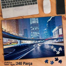 Asil Hobi Shanghai Çin-Modern Bina-Işıklı Yol Yapboz-Ayak Destekli Çerçeveli 240 Parça Puzzle