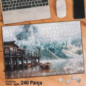 Asil Hobi Sisli Dağ-Ahşap Ev-Kayık-Deniz-Manzara-Yapboz-Ayak Destekli 240 Parça Puzzle