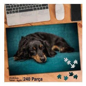 Asil Hobi Siyah Kahve Renkli Sevimli Yatan Köpek Yapboz-Ayak Destekli Çerçeveli 240 Parça Puzzle