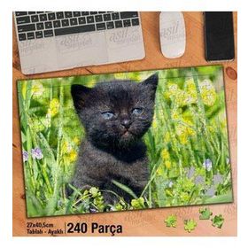Asil Hobi Siyah Tüylü Mavi Gözlü Yavru Kedi-Hayvan Yapboz-Ayak Destekli Çerçeveli 240 Parça Puzzle