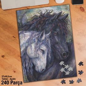 Asil Hobi Siyah Ve Beyaz Atlar-Sevimli Hayvanlar Yapboz-Ayak Destekli Çerçeveli 240 Parça Puzzle