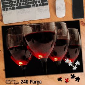 Asil Hobi Siyah Zemin-Kırmızı Şarap Ve Kadeh Yapboz-Ayak Destekli Çerçeveli 240 Parça Puzzle