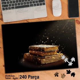 Asil Hobi Siyah Zeminde Eski Kitaplar-Işık-Bilgi Yapboz-Ayak Destekli Çerçeveli 240 Parça Puzzle