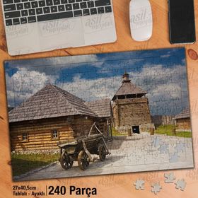 Asil Hobi Tahta Evler-Tahta Araba-Manzara Yapboz-Ayak Destekli Çerçeveli 240 Parça Puzzle