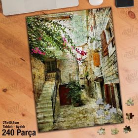 Asil Hobi Taş Ev-Merdivenler-Pembe Çiçekler Yapboz-Ayak Destekli Çerçeveli 240 Parça Puzzle