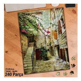 Asil Hobi Taş Ev-Merdivenler-Pembe Çiçekler Yapboz-Ayak Destekli Çerçeveli 240 Parça Puzzle