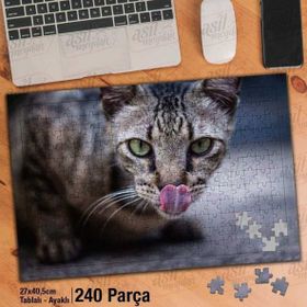 Asil Hobi Tekir-Sevimli Kedi-Kedi Dili-Hayvan Yapboz-Ayak Destekli Çerçeveli 240 Parça Puzzle