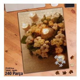 Asil Hobi Yanan Mumlar Beyaz Çiçekler Yapboz-Ayak Destekli Çerçeveli 240 Parça Puzzle