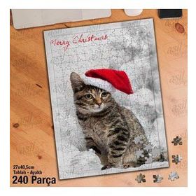 Asil Hobi Yeni Yıl-Kırmızı Şapkalı Kedi-Hayvan Yapboz-Ayak Destekli Çerçeveli 240 Parça Puzzle