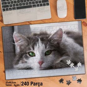 Asil Hobi Yeşil Gözlü-Gri Beyaz Kedi-Hayvan Yapboz-Ayak Destekli Çerçeveli 240 Parça Puzzle