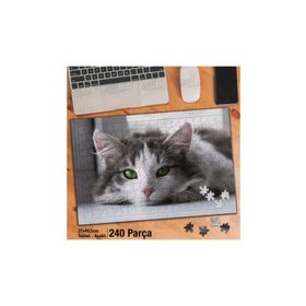 Asil Hobi Yeşil Gözlü-Gri Beyaz Kedi-Hayvan Yapboz-Ayak Destekli Çerçeveli 240 Parça Puzzle