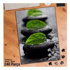 Asil Hobi Yeşil Yapraklar-Su Damlaları-Siyah Taş Yapboz-Ayak Destekli Çerçeveli 240 Parça Puzzle