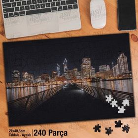 Asil Hobi Yüksek Binalar-Deniz-Yansıma-Gece Yapboz-Ayak Destekli Çerçeveli 240 Parça Puzzle