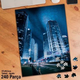 Asil Hobi Yüksek Binalar-Gökdelen-Şehir-Gece Yapboz-Ayak Destekli Çerçeveli 240 Parça Puzzle