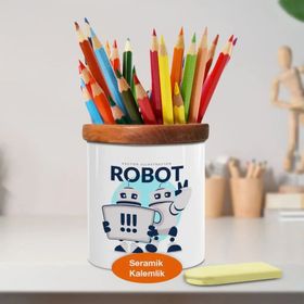 Asilmeydan 446675335 Mavi Teknolojik Robotlar Ahşaplı Seramik Kalemlik