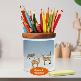 Asilmeydan 446677469 Karda Gezen Geyikler Ahşaplı Seramik Kalemlik
