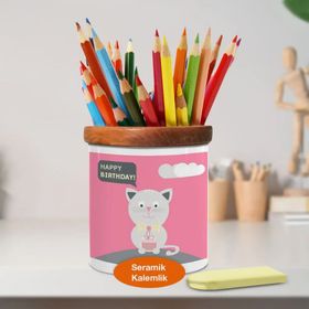Asilmeydan 446678007 Happy Birthday Yazılı Kedi Ahşaplı Seramik Kalemlik