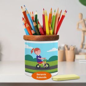 Asilmeydan 446684070 Bisiklette Sevimli Kız Ahşaplı Seramik Kalemlik