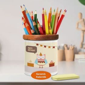 Asilmeydan 446684906 Happy Birthday Yazılı Baykuş Ahşaplı Seramik Kalemlik