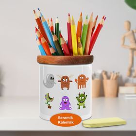 Asilmeydan 446685997 Renkli Sevimli Canavarlar Ahşaplı Seramik Kalemlik