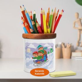 Asilmeydan 446686579 Kayak Yapan Çocuklar Ahşaplı Seramik Kalemlik