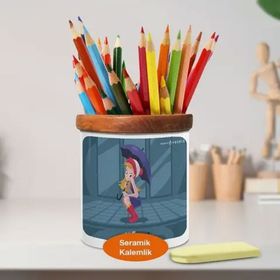 Asilmeydan 446967897 Şemsiyeli Güzel Kız Ahşaplı Seramik Kalemlik