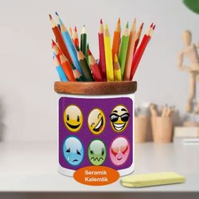 Asilmeydan 446968702 Renkli Yüz Ifadeleri Emoji Ahşaplı Seramik Kalemlik