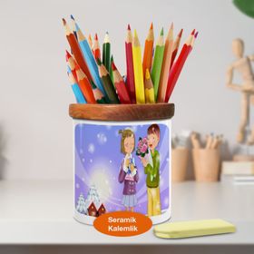 Asilmeydan 446970942 Çiçekli Çocuk Mutlu Çocuklar Ahşaplı Seramik Kalemlik