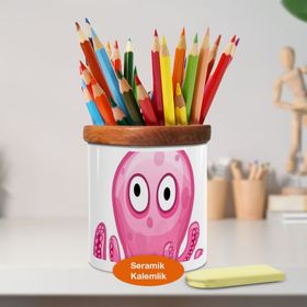 Asilmeydan 446971865 Pembe Şaşkın Ahtapot Ahşaplı Seramik Kalemlik