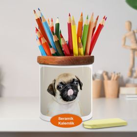 Asilmeydan 447228660 Buldog Cinsi Mutlu Köpek Ahşaplı Seramik Kalemlik
