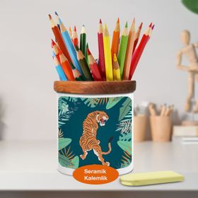 Asilmeydan 447229085 Amazon Ormanlarında Vahşi Kaplan Ahşaplı Seramik Kalemlik