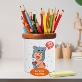 Asilmeydan 447241284 Biberonuyla Mutlu Sevimli Çocuk Ahşaplı Seramik Kalemlik