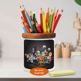 Asilmeydan 447486582 Hallowen Kostümlü İskeletler Ahşaplı Seramik Kalemlik